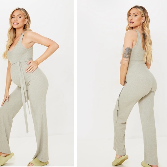 New‎ pretty little thing Maternity Sage Ribbed Tie Waist Jumpsuit - Picture 1 of 7